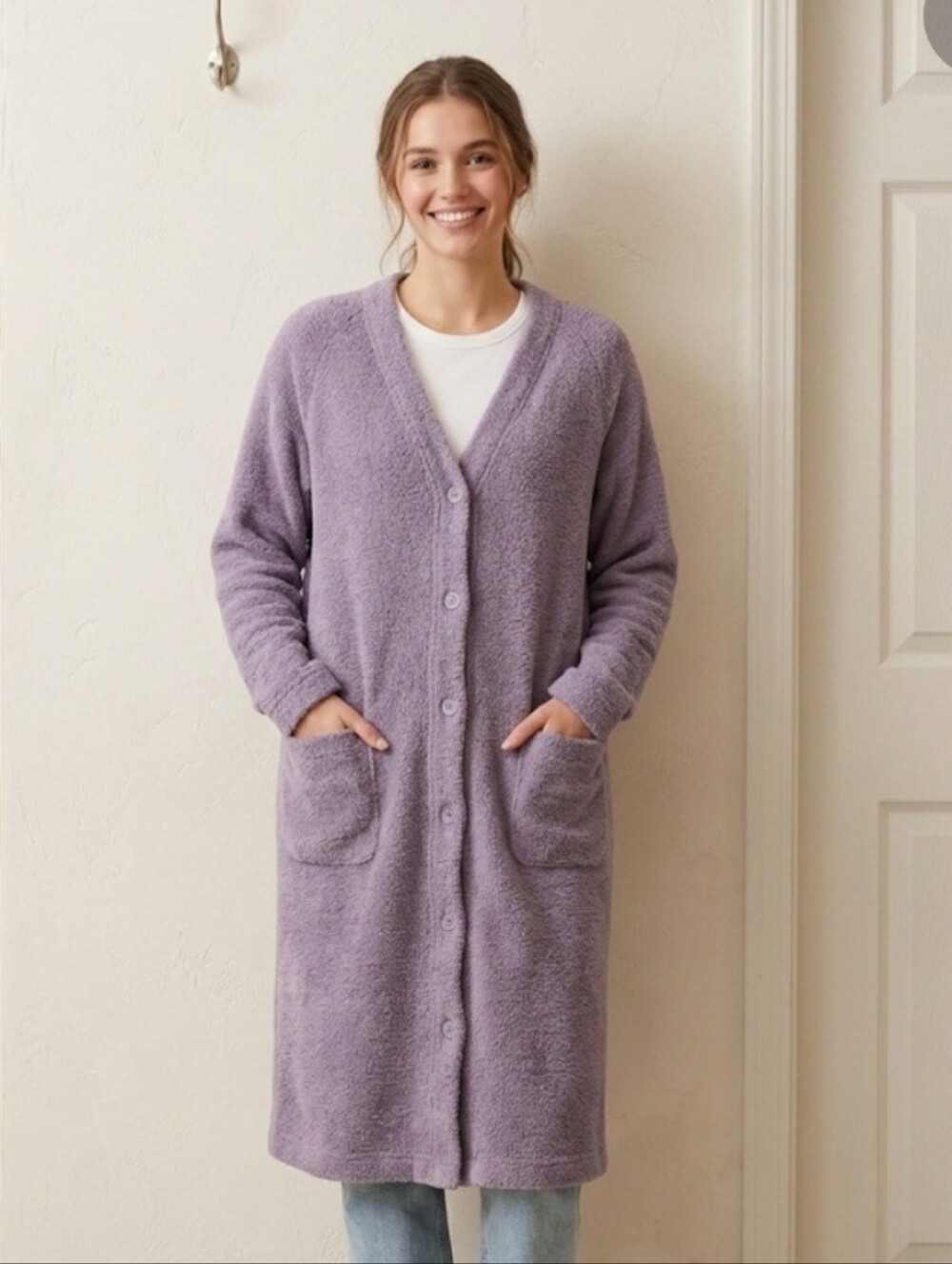 Cozy Long Button-Front Women's Towelette Sweater - Light Gray
